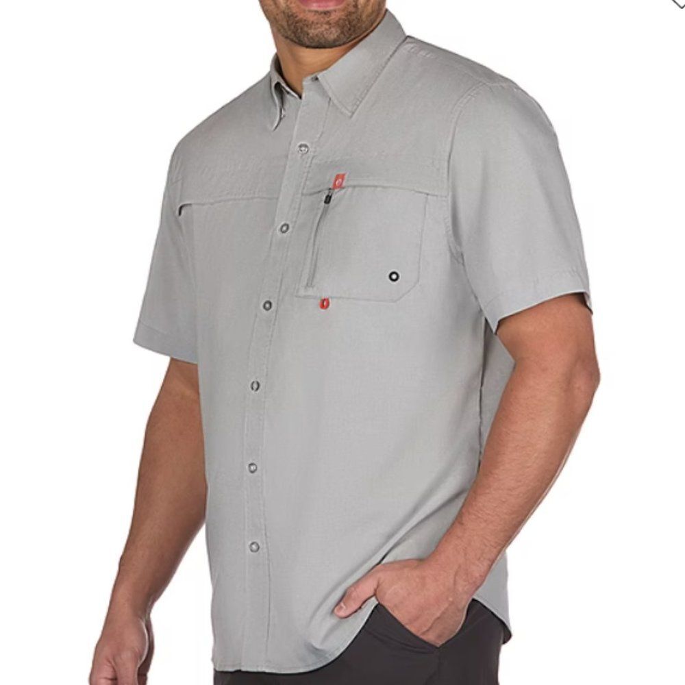 The American Outdoorsman Grey Button Up Short Sleeve Shirt Men L Polyester